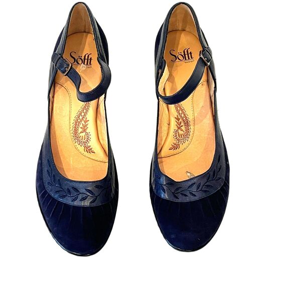 Sofft Navy Blue Suede Mary Janes Size 10 Leather Small Heel Ankle Strap - Picture 8 of 10
